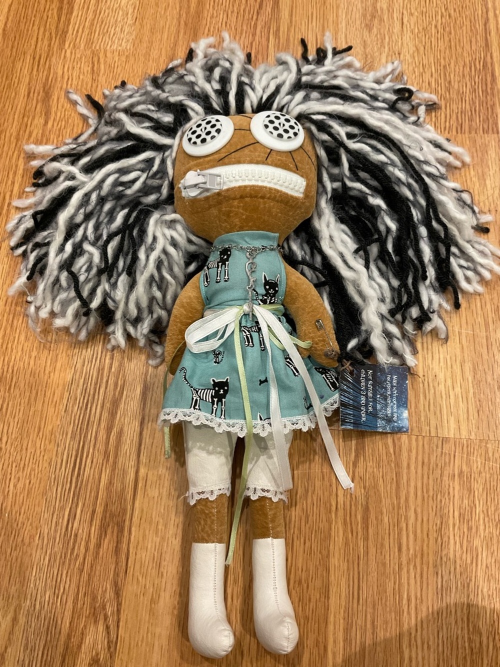 Handmade Teal Dress Doll with Black & White Yarn Hair - Home Art
